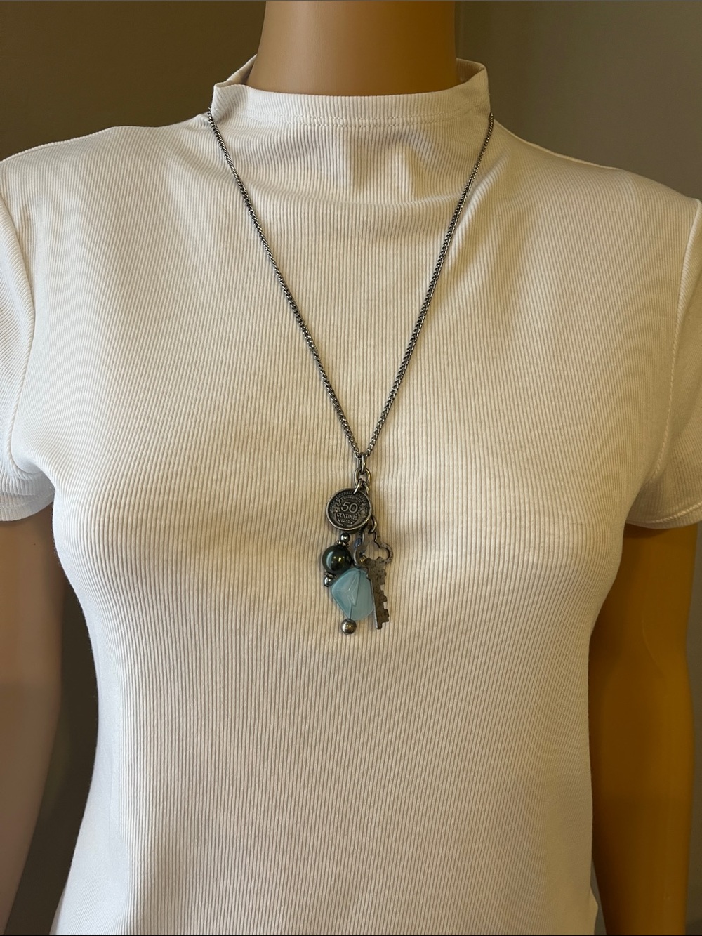 Silver-Tone Green Charm Pendant Necklace with Blue Accent